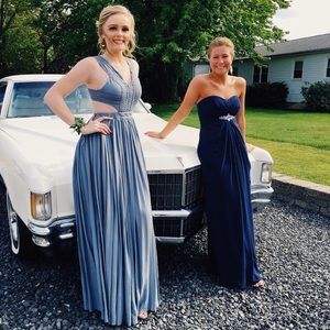 blue gray cut out boho prom dress
